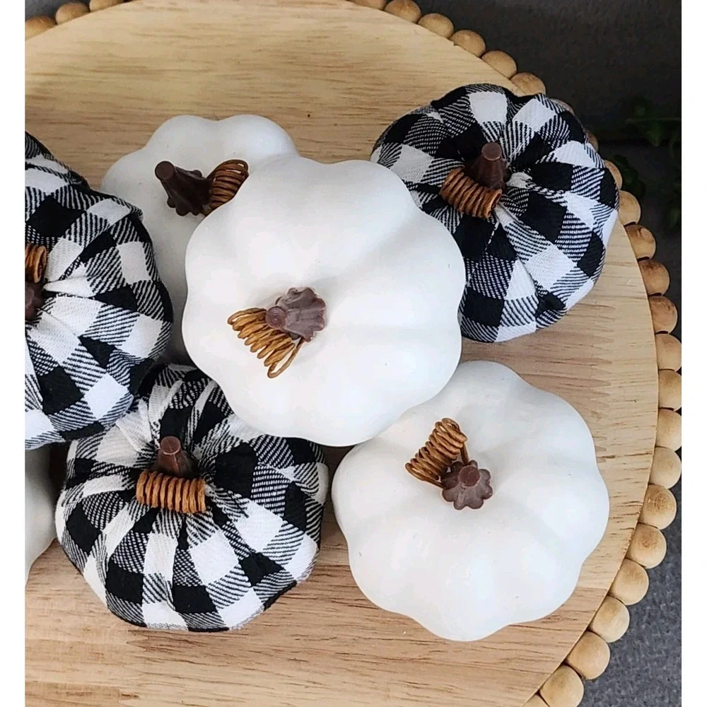 Black & White Buffalo Check Foam Pumpkins Fall Thanksgiving Table Decor 8 Pc NEW